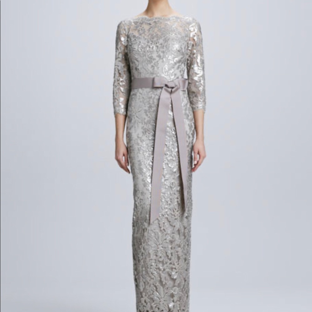Tadashi Shoji sequined lace boatneck gown